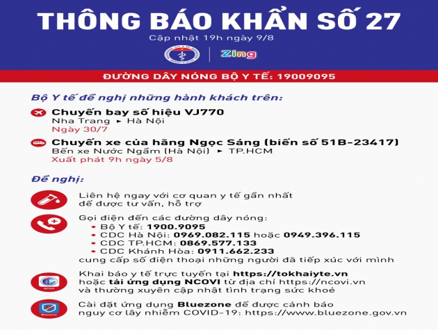 Bộ Y tế khẩn tìm người đi máy bay VJ770 và nhà xe Ngọc Sáng vào TP.HCM